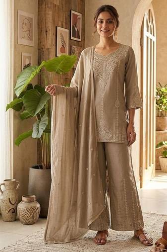 Beige vichitra embroidered wedding straight kurta with palazzo & dupatta