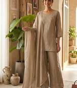 Beige vichitra embroidered wedding straight kurta with palazzo & dupatta
