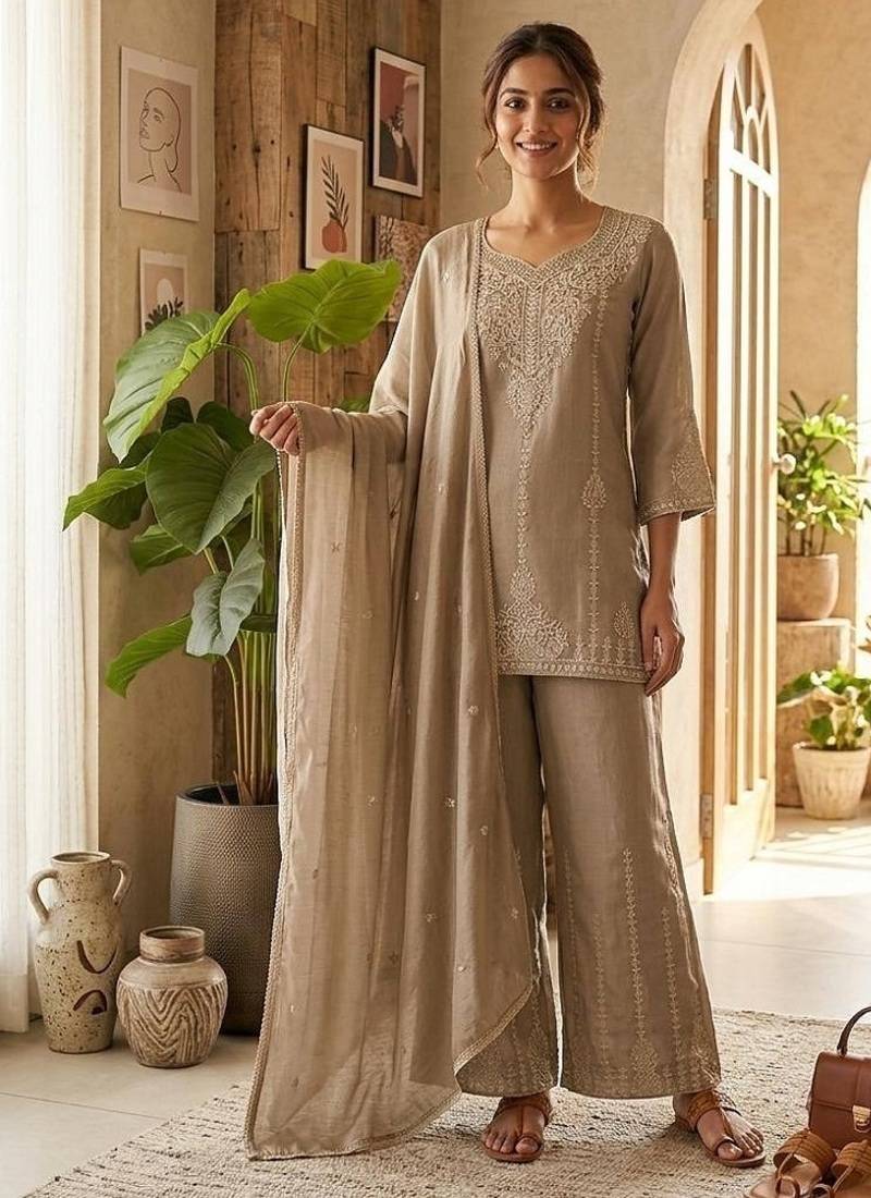 Beige vichitra embroidered wedding straight kurta with palazzo & dupatta