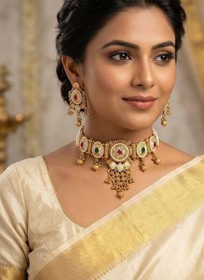 Traditional gold plated choker necklace set with earrings for women 1