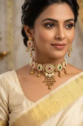 Traditional gold plated choker necklace set with earrings for women