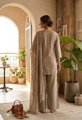 Beige vichitra embroidered wedding straight kurta with palazzo & dupatta 2