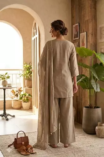 Beige vichitra embroidered wedding straight kurta with palazzo & dupatta