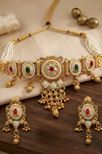 Traditional gold plated choker necklace set with earrings for women