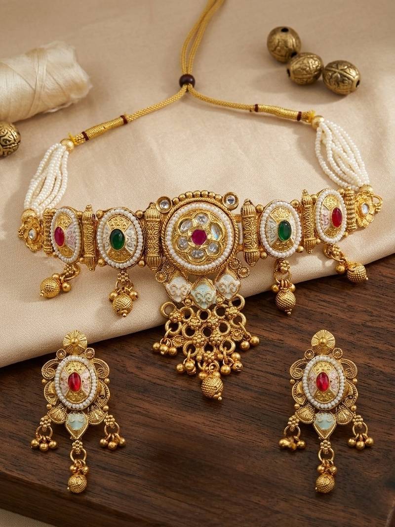 Traditional gold plated choker necklace set with earrings for women