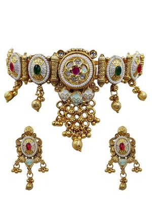 Traditional gold plated choker necklace set with earrings for women 3