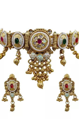 Traditional gold plated choker necklace set with earrings for women