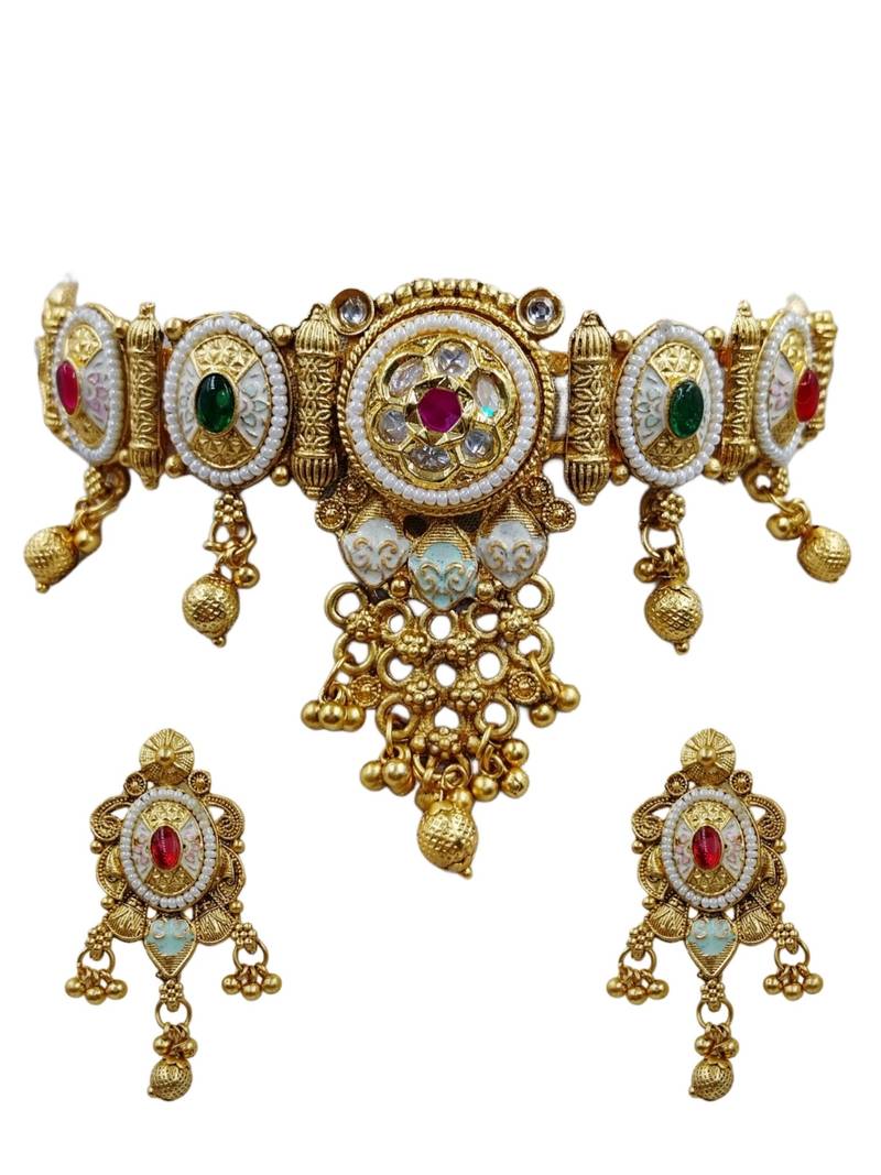 Traditional gold plated choker necklace set with earrings for women
