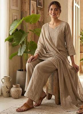 Beige vichitra embroidered wedding straight kurta with palazzo & dupatta 3
