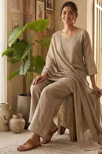 Beige vichitra embroidered wedding straight kurta with palazzo & dupatta