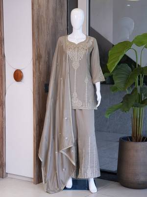 Beige vichitra embroidered wedding straight kurta with palazzo & dupatta 4
