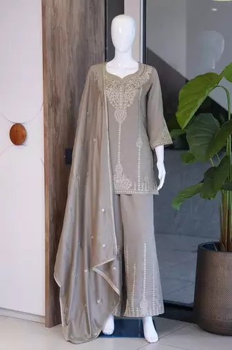 Beige vichitra embroidered wedding straight kurta with palazzo & dupatta