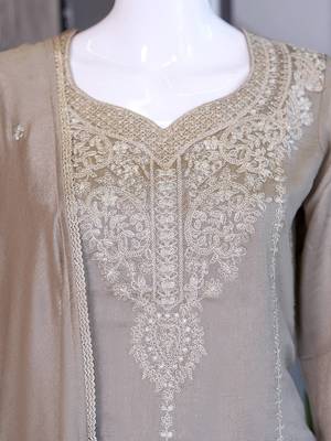 Beige vichitra embroidered wedding straight kurta with palazzo & dupatta 5