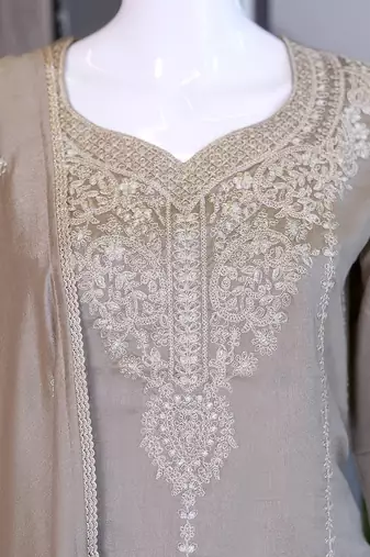 Beige vichitra embroidered wedding straight kurta with palazzo & dupatta
