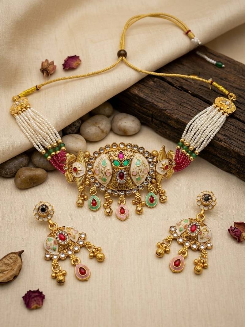 Traditional kundan meenakari choker jewelry set for women