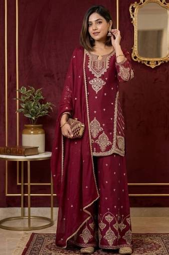 Premium rangoli crush with embroidered sequin work  palazzo suit