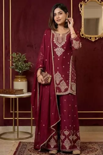 Premium rangoli crush with embroidered sequin work  palazzo suit