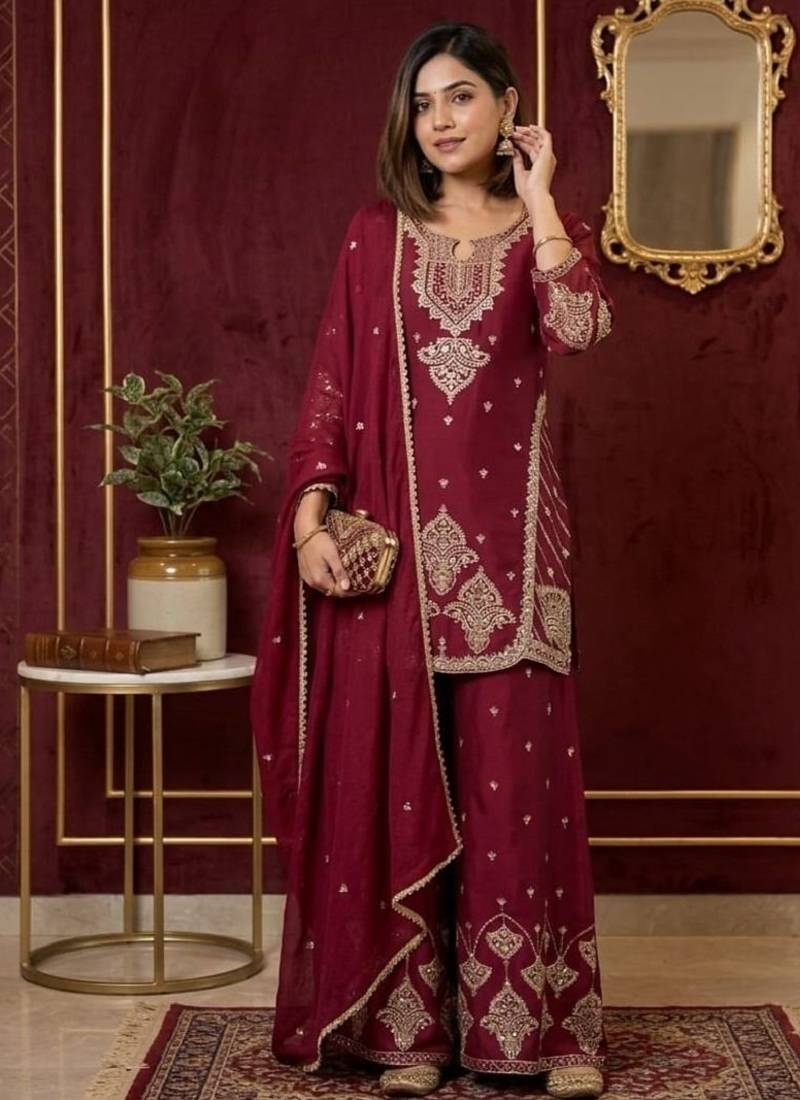Premium rangoli crush with embroidered sequin work  palazzo suit