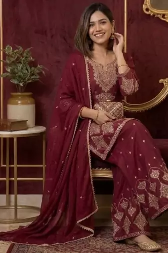 Premium rangoli crush with embroidered sequin work  palazzo suit