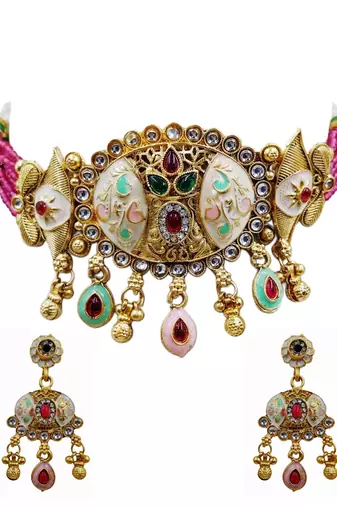 Traditional kundan meenakari choker jewelry set for women