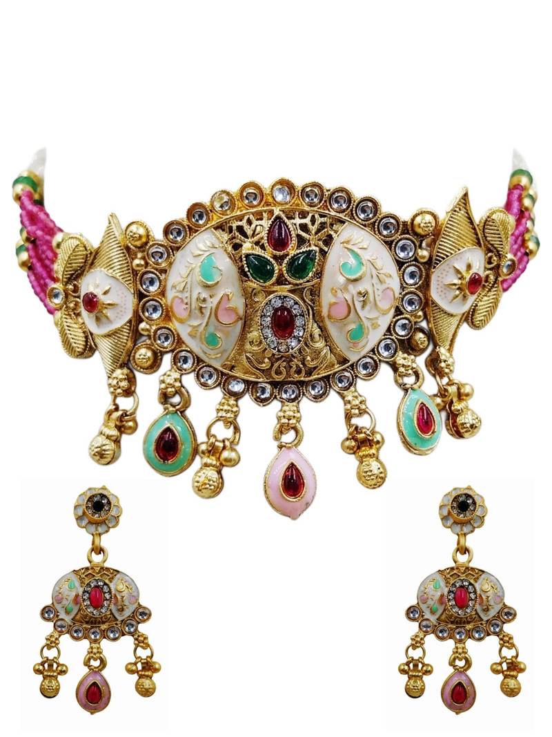 Traditional kundan meenakari choker jewelry set for women
