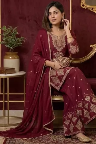 Premium rangoli crush with embroidered sequin work  palazzo suit
