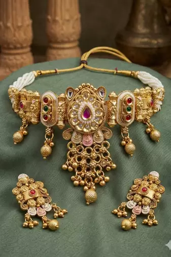 Traditional kundan meenakari choker jewelry set for women