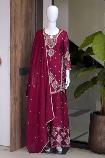 Premium rangoli crush with embroidered sequin work  palazzo suit