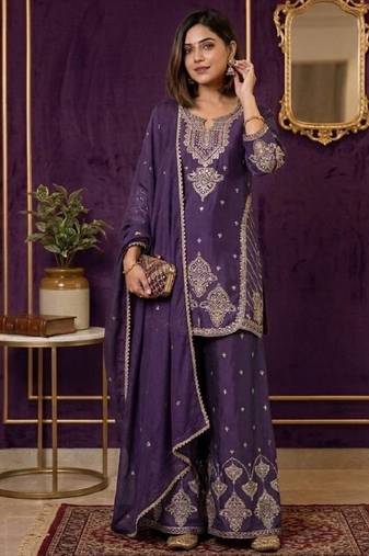 Premium rangoli crush with embroidered sequin work  palazzo suit