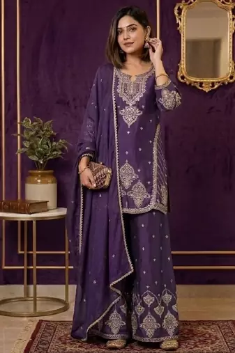 Premium rangoli crush with embroidered sequin work  palazzo suit