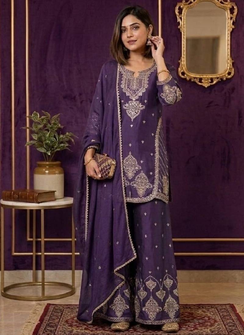 Premium rangoli crush with embroidered sequin work  palazzo suit