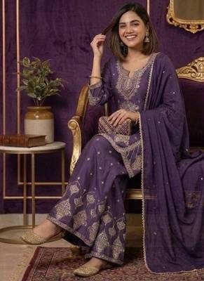 Premium rangoli crush with embroidered sequin work  palazzo suit 2