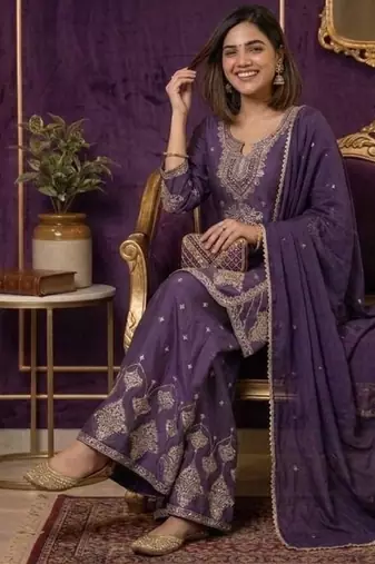 Premium rangoli crush with embroidered sequin work  palazzo suit