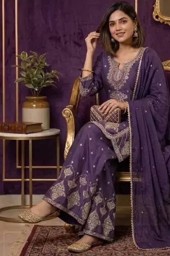 Premium rangoli crush with embroidered sequin work  palazzo suit