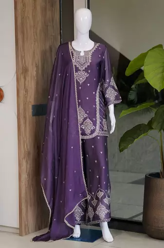 Premium rangoli crush with embroidered sequin work  palazzo suit