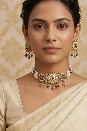 Traditional kundan meenakari choker jewelry set for women