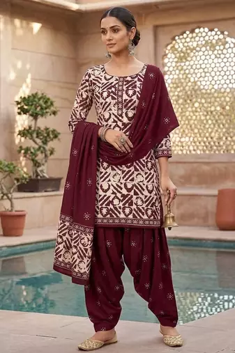 Red printed cotton blend stitched geometric print salwar kurta dupatta for women