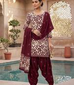 Red printed cotton blend stitched geometric print salwar kurta dupatta for women