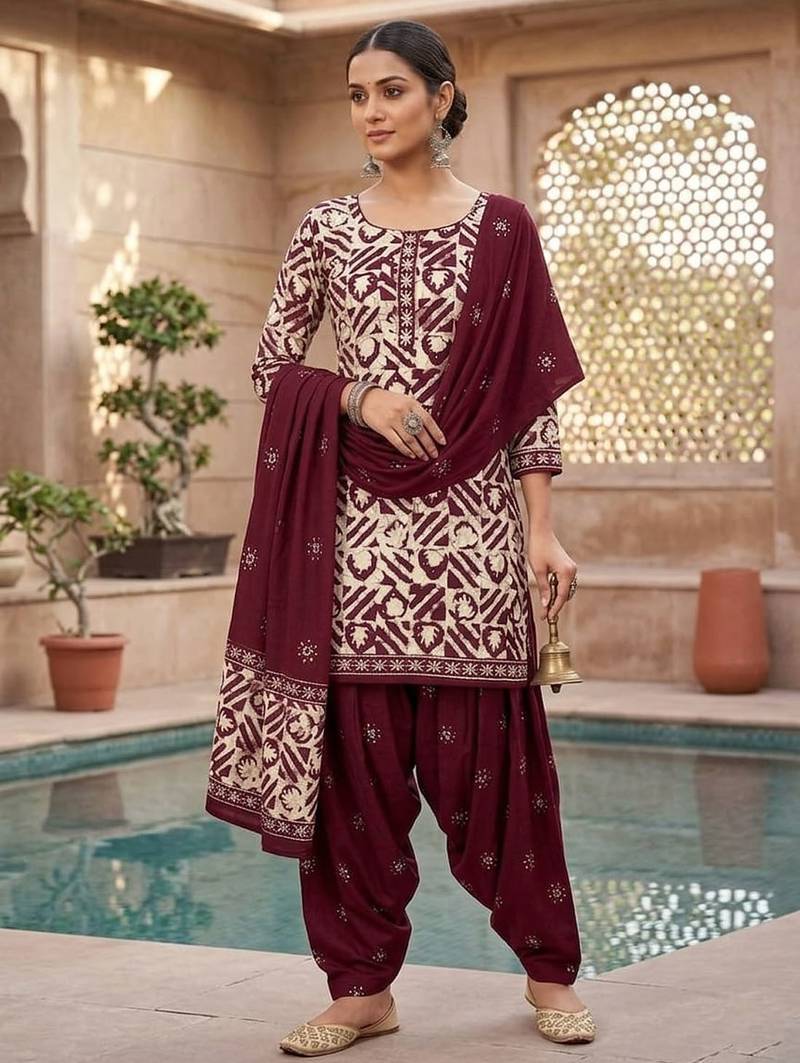 Red printed cotton blend stitched geometric print salwar kurta dupatta for women