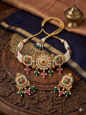 Traditional kundan meenakari choker jewelry set for women 2