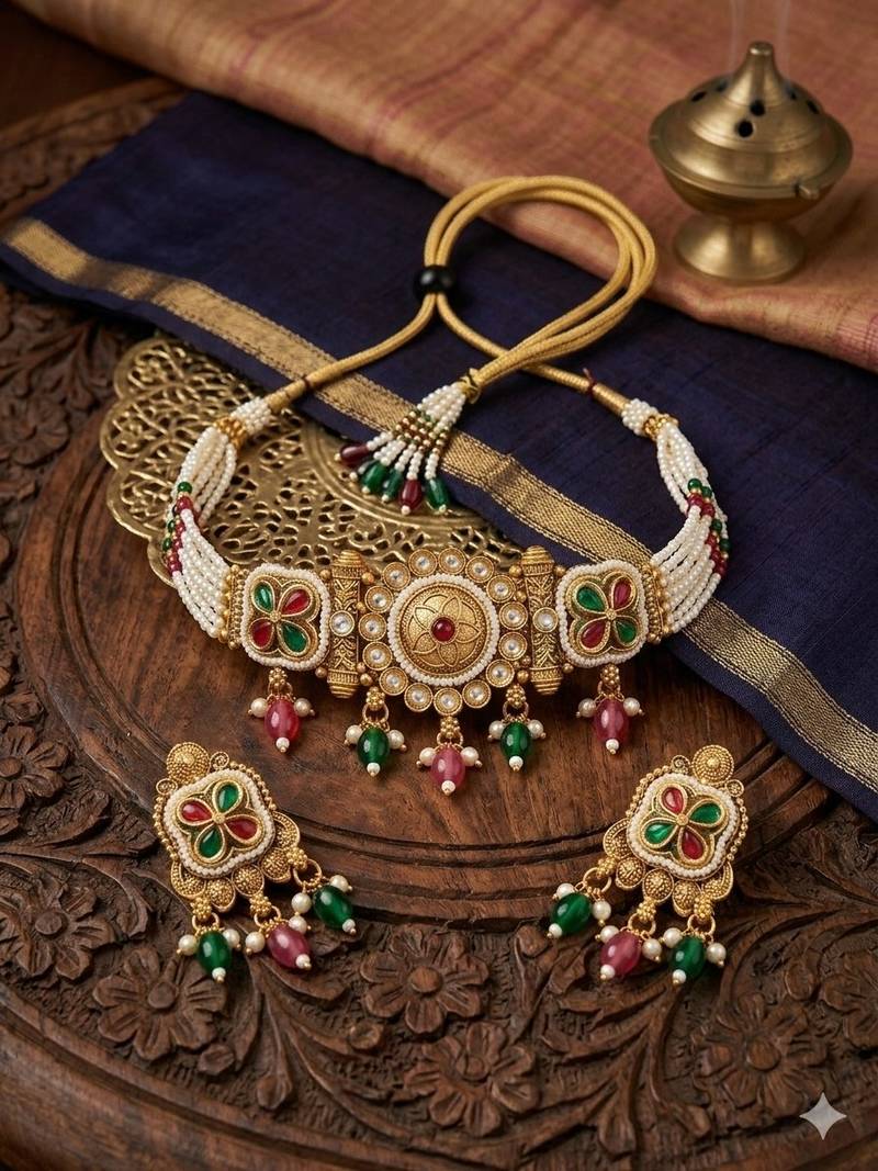 Traditional kundan meenakari choker jewelry set for women