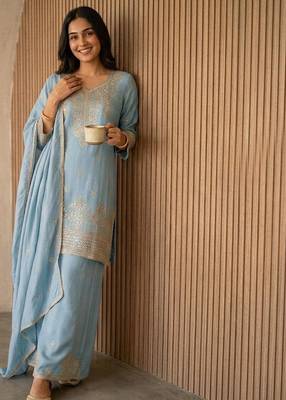 Skyblue silk blend embroidered sequin work wedding palazzo set 1