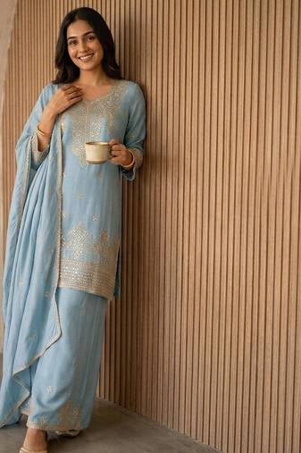 Skyblue silk blend embroidered sequin work wedding palazzo set