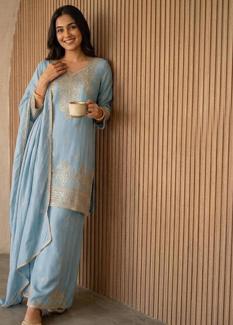 Skyblue silk blend embroidered sequin work wedding palazzo set