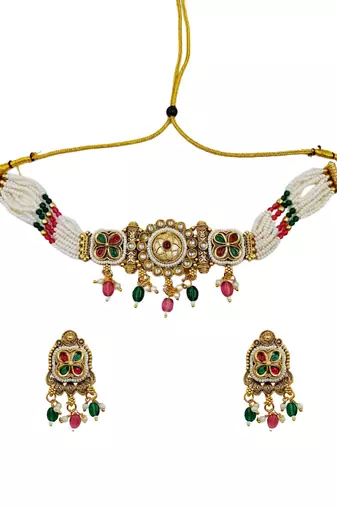 Traditional kundan meenakari choker jewelry set for women