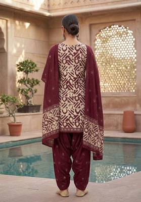 Red printed cotton blend stitched geometric print salwar kurta dupatta for women 3