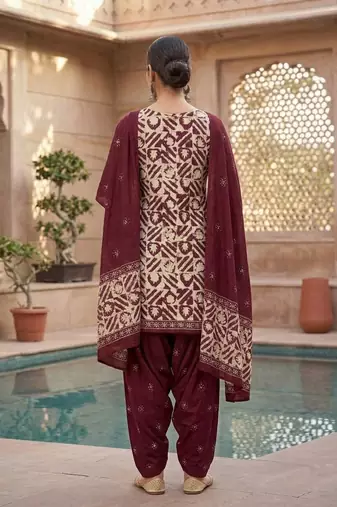 Red printed cotton blend stitched geometric print salwar kurta dupatta for women