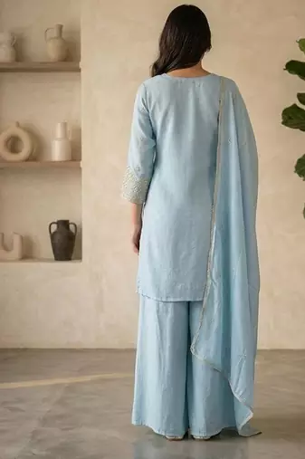Skyblue silk blend embroidered sequin work wedding palazzo set