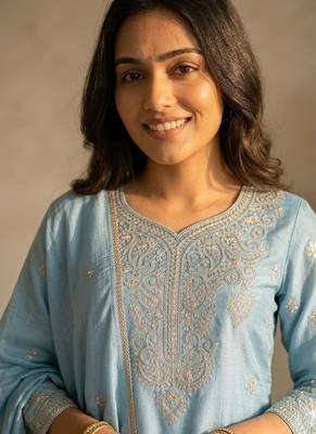 Skyblue silk blend embroidered sequin work wedding palazzo set 3