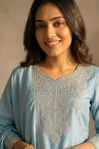 Skyblue silk blend embroidered sequin work wedding palazzo set